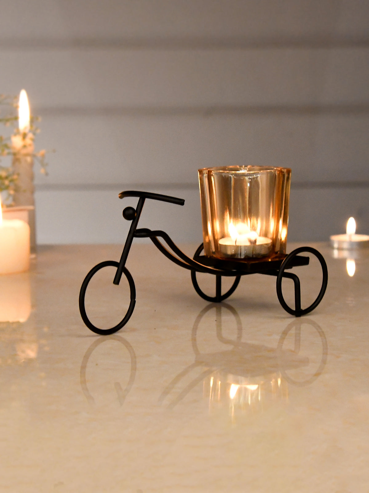 Black & Gold Toned Cycle Textured Metal Candle Holder With Glass