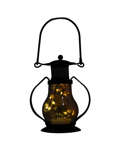 Black & Brown Lantern Textured Metal Candle Holder With Glass