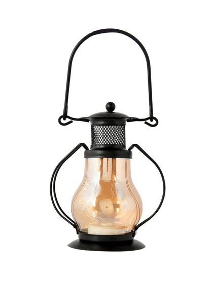 Black & Brown Lantern Textured Metal Candle Holder With Glass