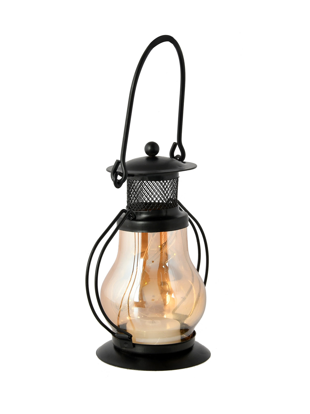Black & Brown Lantern Textured Metal Candle Holder With Glass
