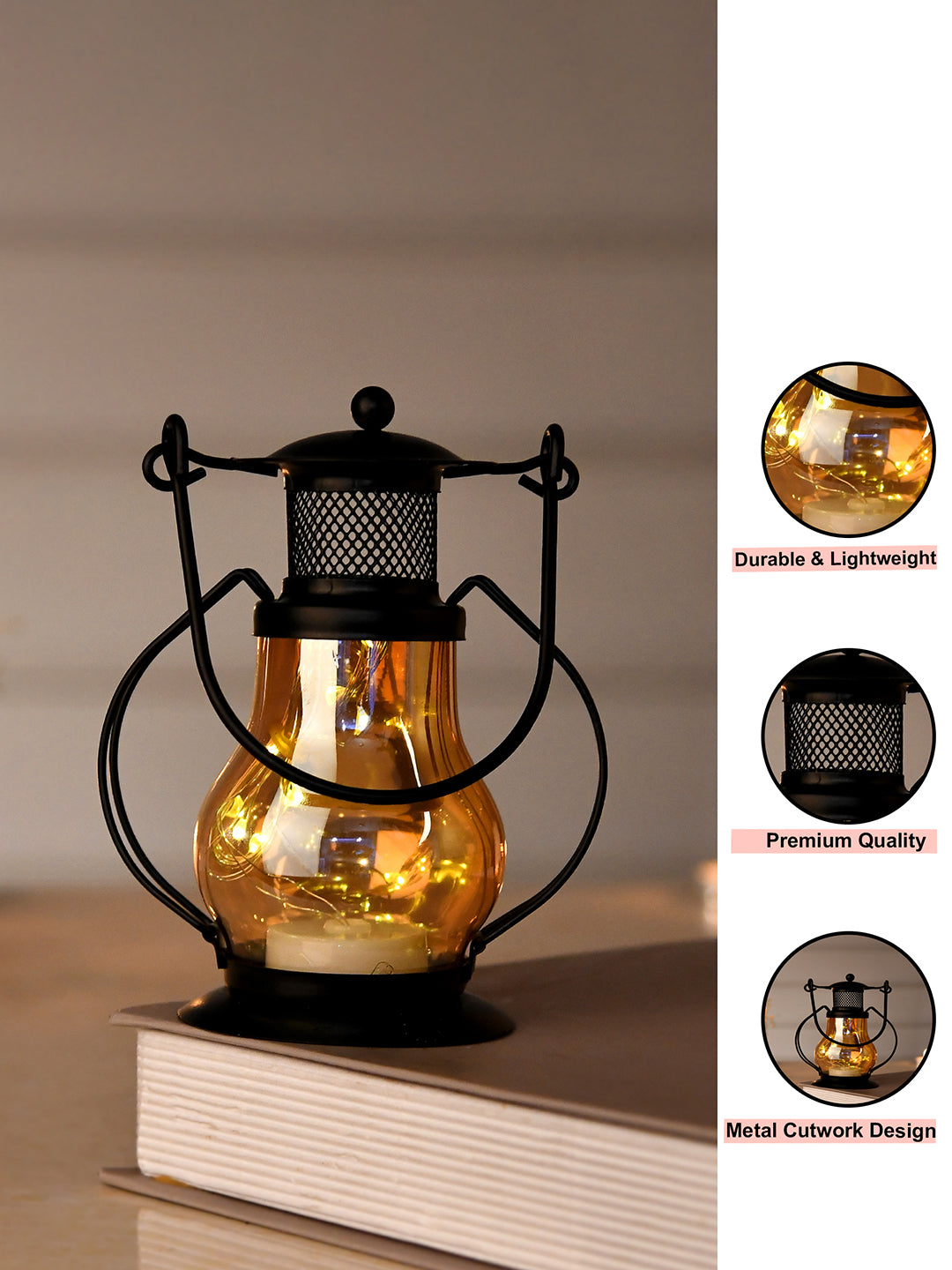 Black & Brown Lantern Textured Metal Candle Holder With Glass