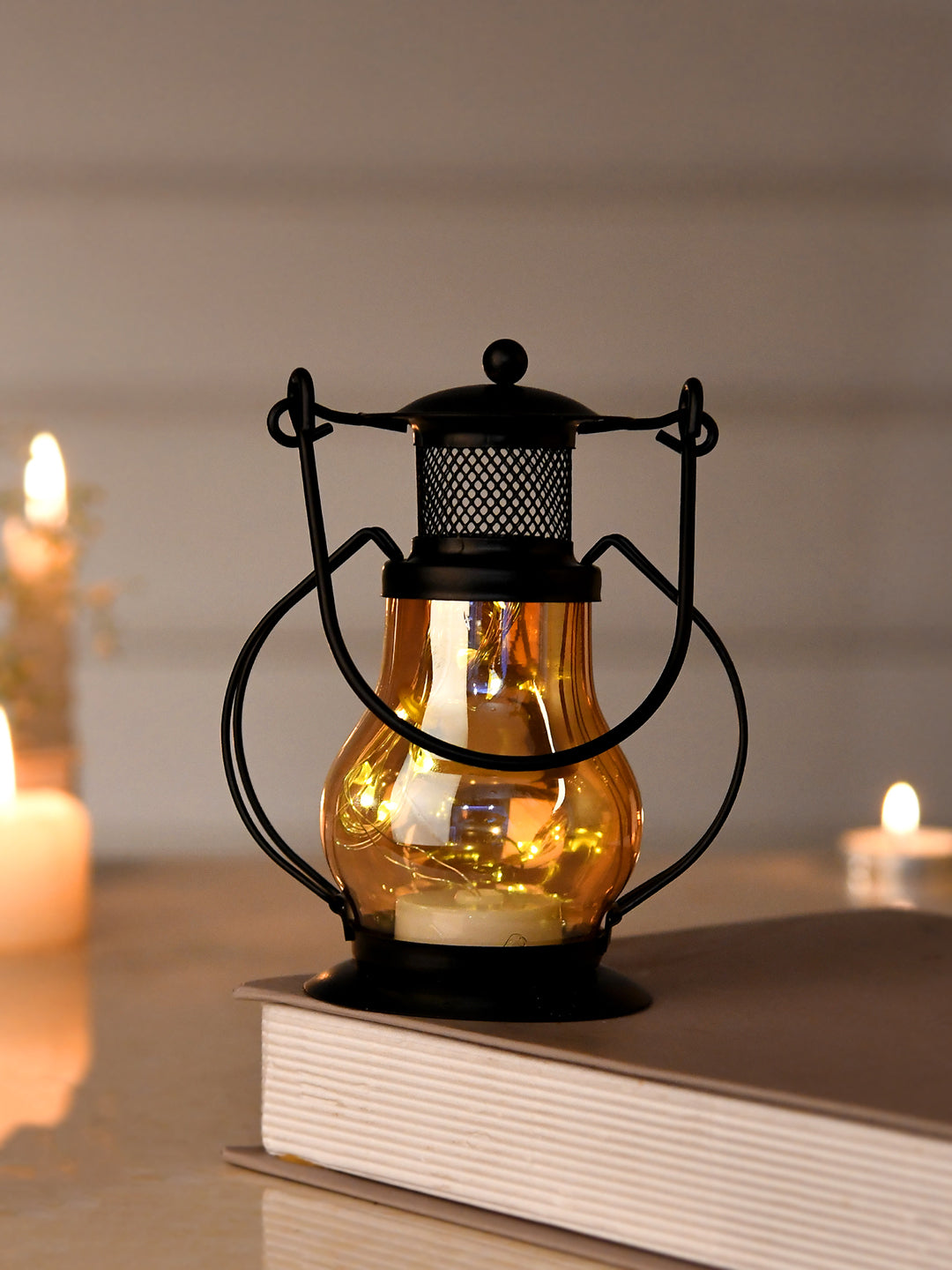 Black & Brown Lantern Textured Metal Candle Holder With Glass