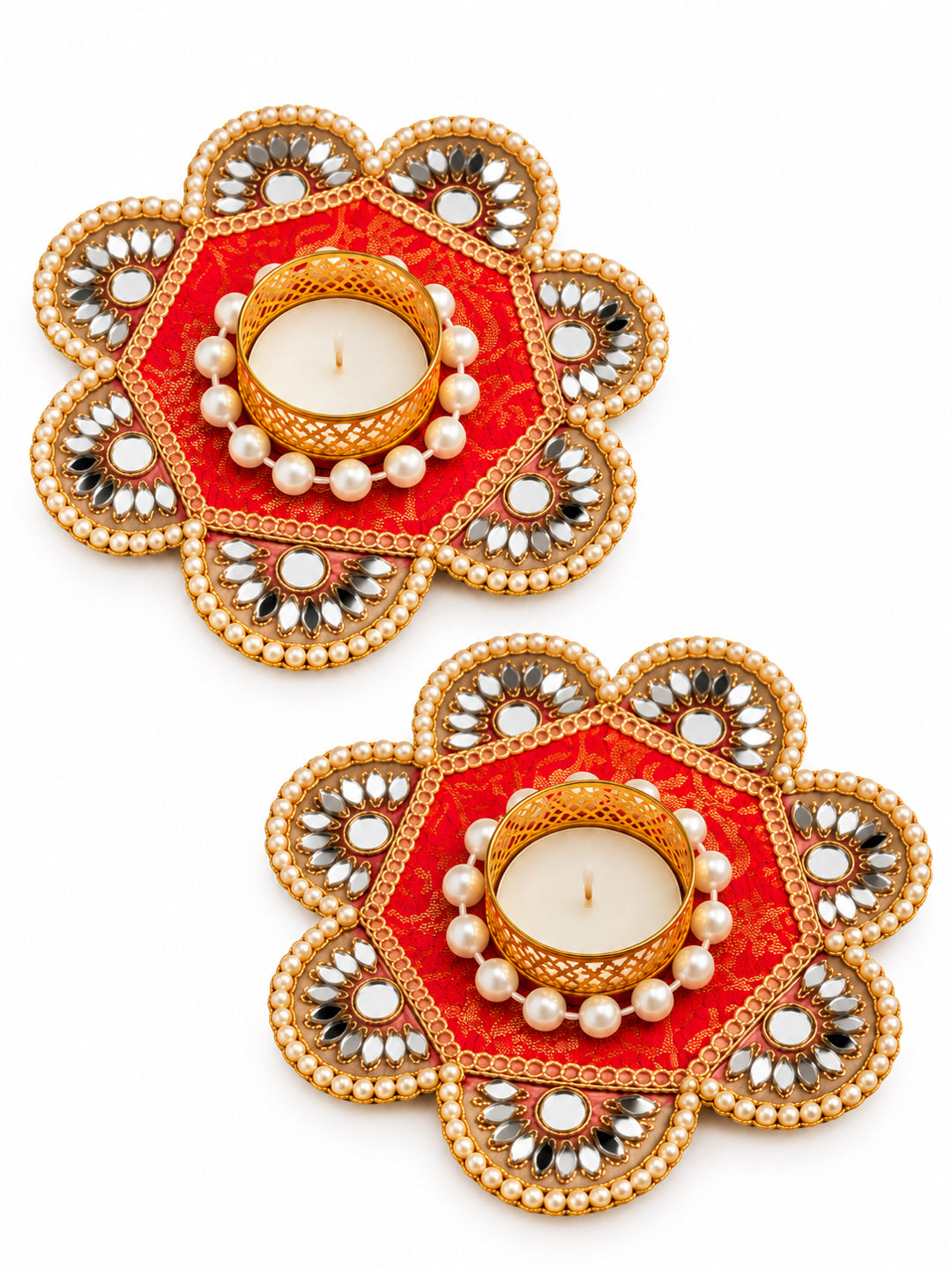 Handcrafted Floral Tealight Candle Holder with Mirror Work - Set of 2 (Red & Gold, 12 cm)