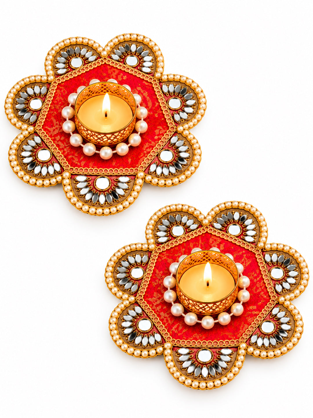 Handcrafted Floral Tealight Candle Holder with Mirror Work - Set of 2 (Red & Gold, 12 cm)