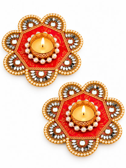 Handcrafted Floral Tealight Candle Holder with Mirror Work - Set of 2 (Red & Gold, 12 cm)
