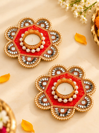 Handcrafted Floral Tealight Candle Holder with Mirror Work - Set of 2 (Red & Gold, 12 cm)