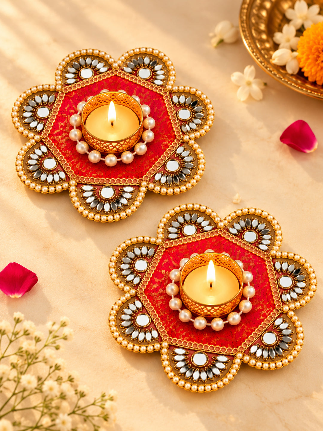 Handcrafted Floral Tealight Candle Holder with Mirror Work - Set of 2 (Red & Gold, 12 cm)