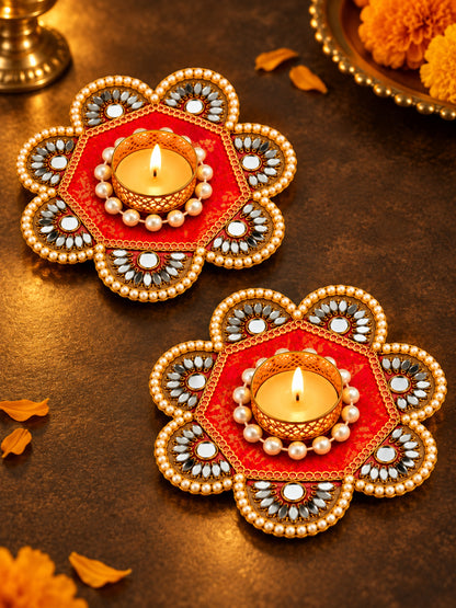Handcrafted Floral Tealight Candle Holder with Mirror Work - Set of 2 (Red & Gold, 12 cm)