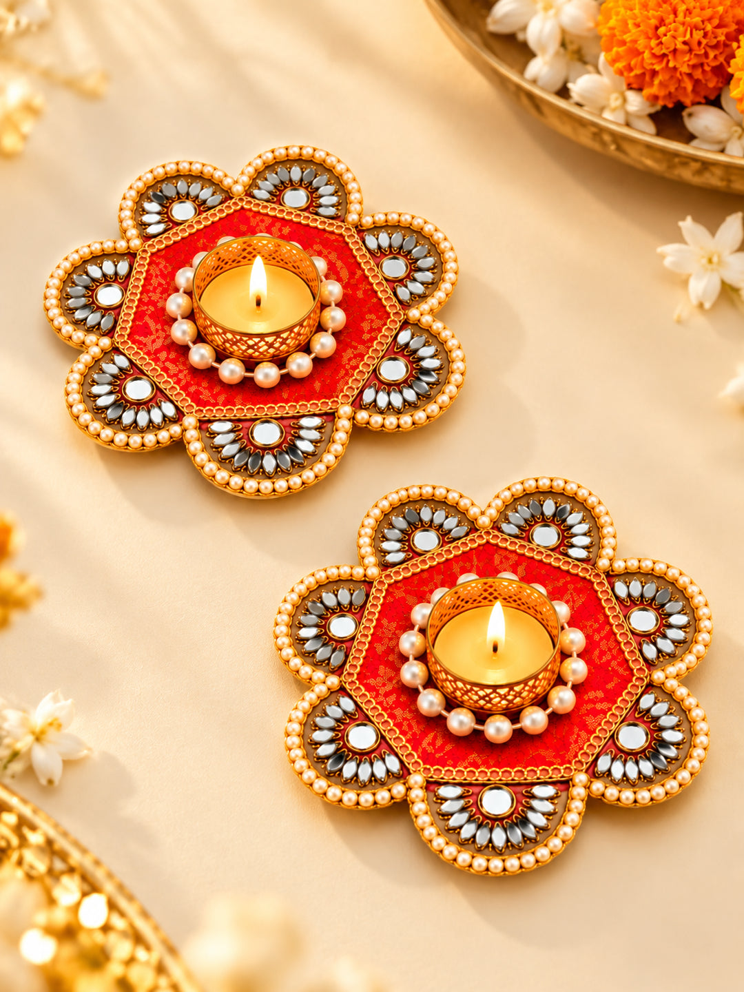Handcrafted Floral Tealight Candle Holder with Mirror Work - Set of 2 (Red & Gold, 12 cm)