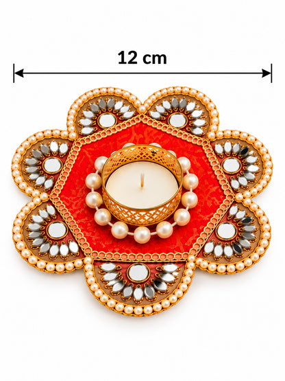 Handcrafted Floral Tealight Candle Holder with Mirror Work - Set of 2 (Red & Gold, 12 cm)