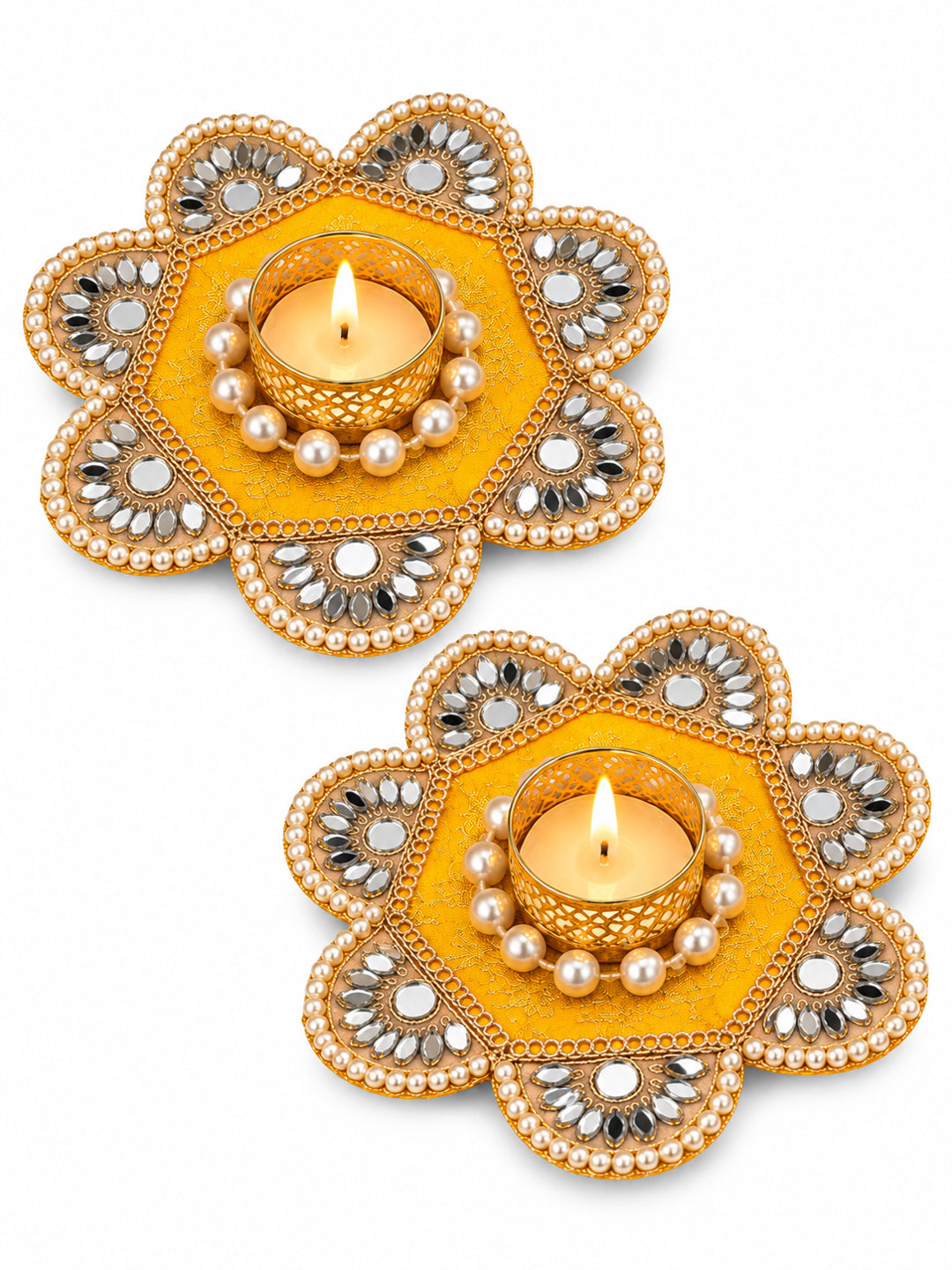Handmade Yellow & Gold Floral Tealight Candle Diya Holders - Set of 2 (12 cm, Mirror Work)