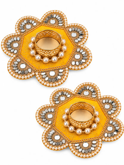Handmade Yellow & Gold Floral Tealight Candle Diya Holders - Set of 2 (12 cm, Mirror Work)