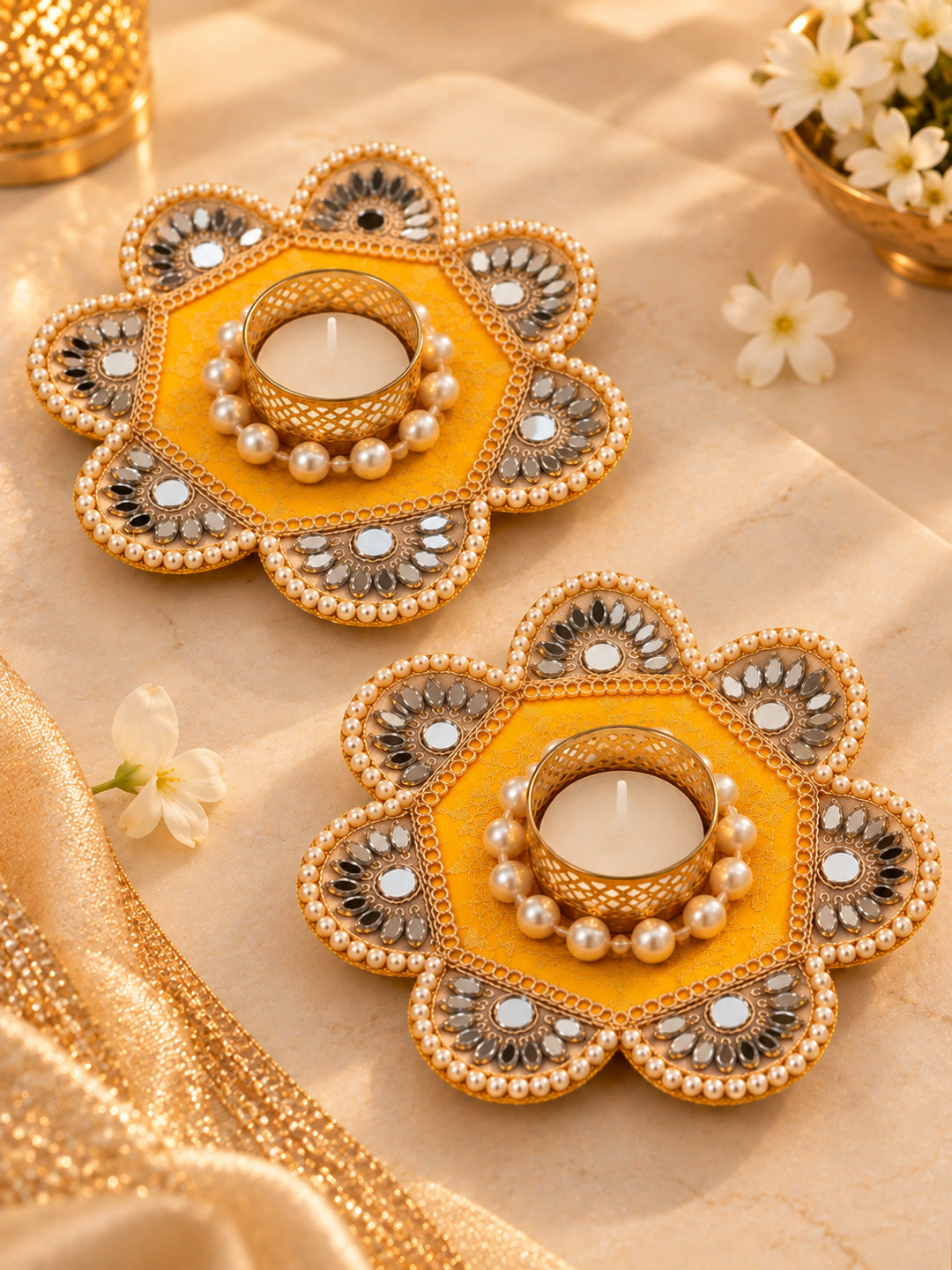 Handmade Yellow & Gold Floral Tealight Candle Diya Holders - Set of 2 (12 cm, Mirror Work)