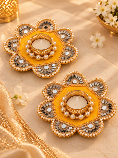 Handmade Yellow & Gold Floral Tealight Candle Diya Holders - Set of 2 (12 cm, Mirror Work)