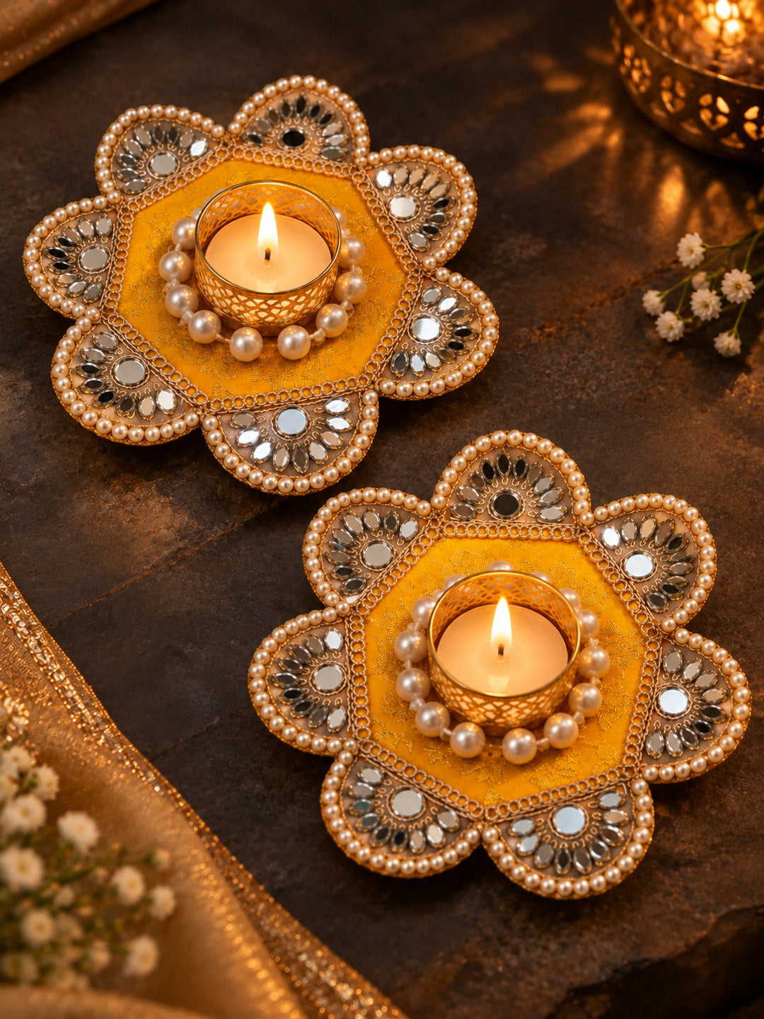 Handmade Yellow & Gold Floral Tealight Candle Diya Holders - Set of 2 (12 cm, Mirror Work)