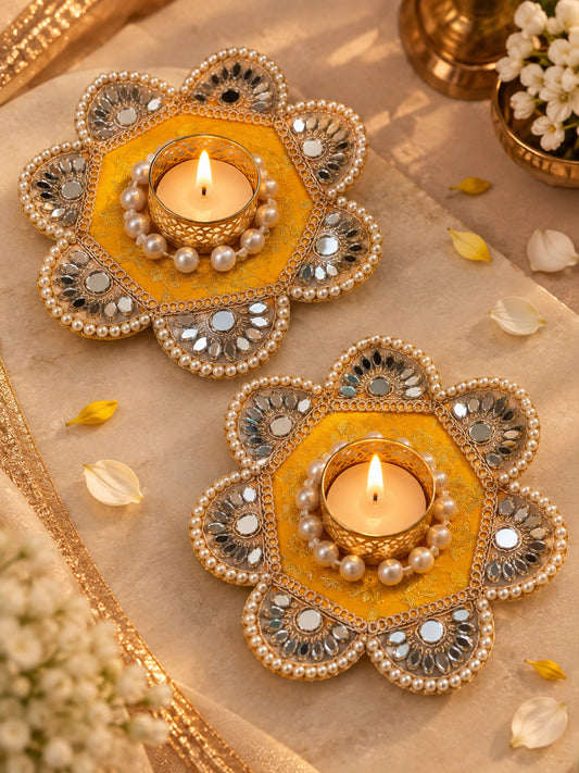 Handmade Yellow & Gold Floral Tealight Candle Diya Holders - Set of 2 (12 cm, Mirror Work)