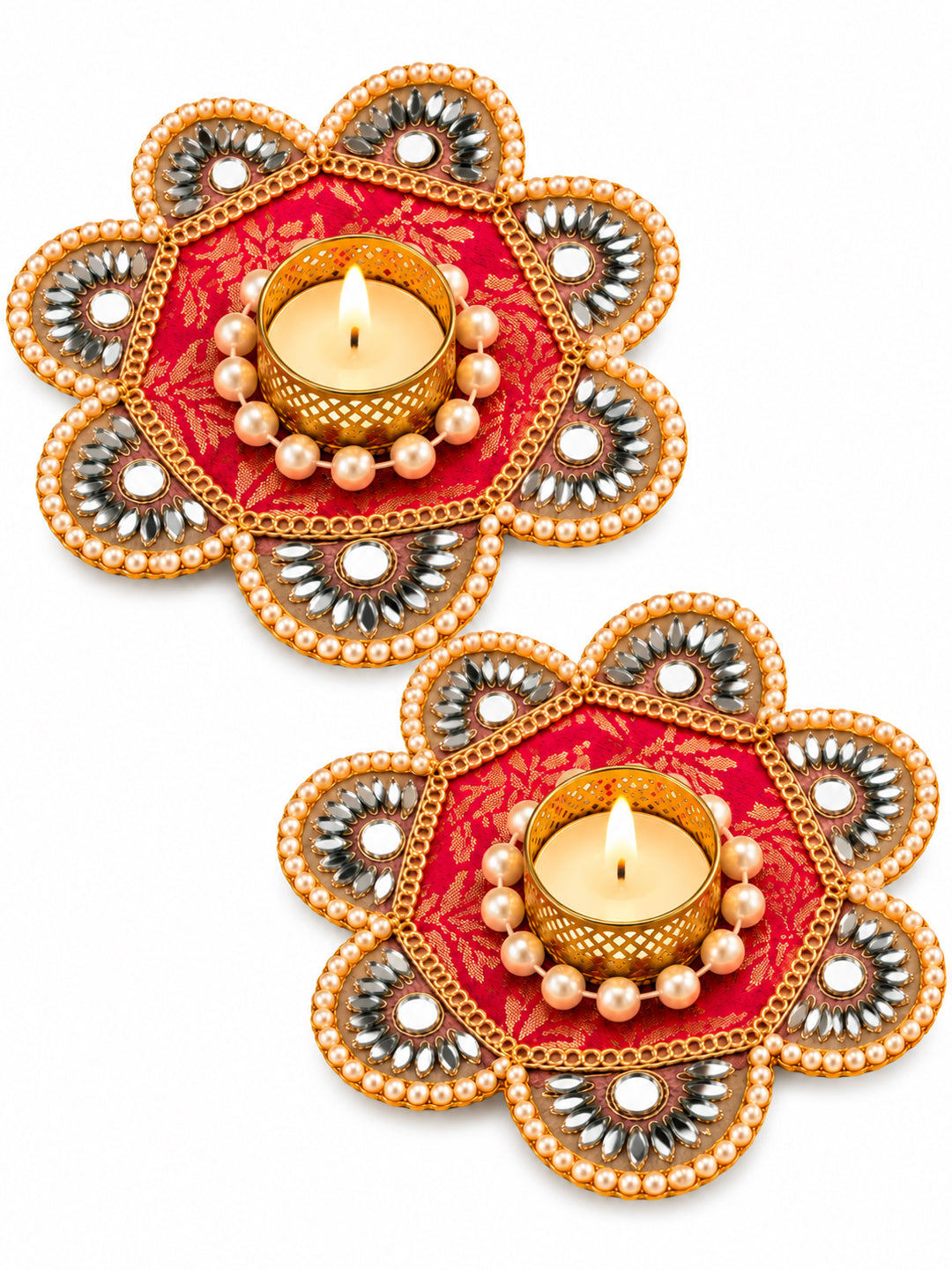 Handcrafted Rani Pink & Gold Floral Tealight Candle Holder Set of 2 (12 cm, Mirror Work)