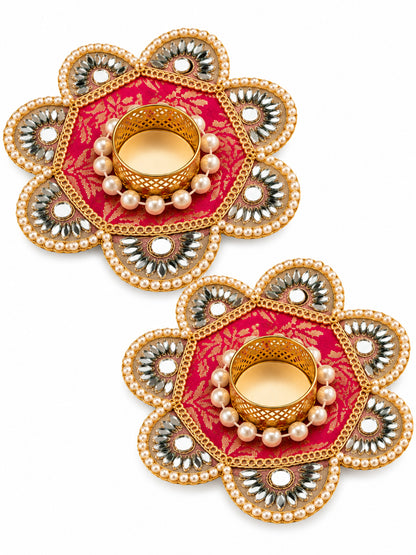 Handcrafted Rani Pink & Gold Floral Tealight Candle Holder Set of 2 (12 cm, Mirror Work)