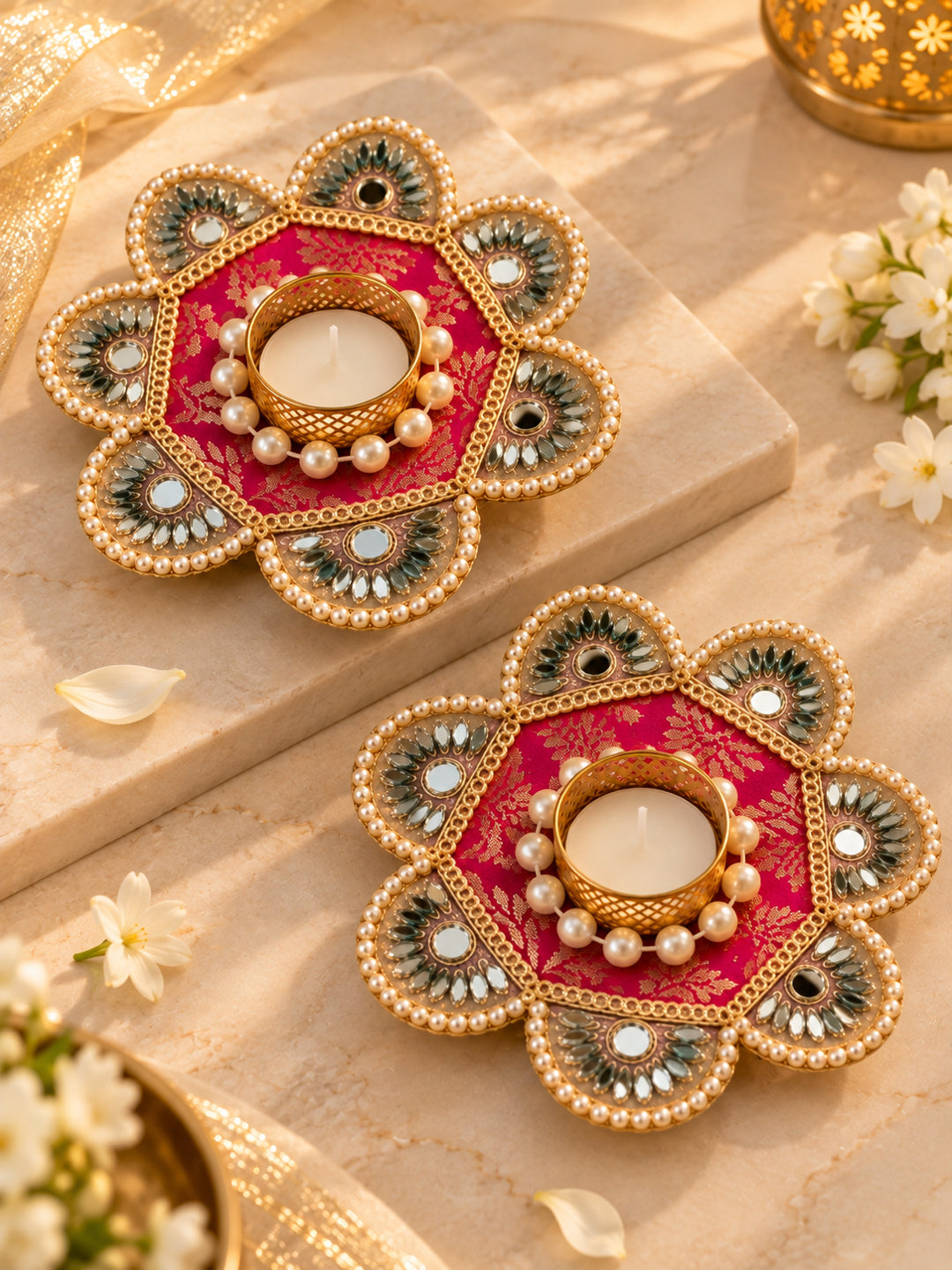Handcrafted Rani Pink & Gold Floral Tealight Candle Holder Set of 2 (12 cm, Mirror Work)