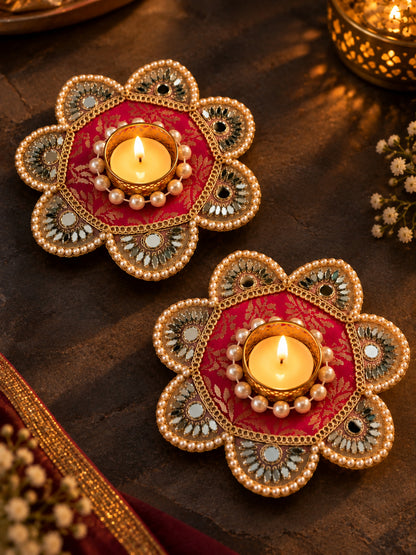 Handcrafted Rani Pink & Gold Floral Tealight Candle Holder Set of 2 (12 cm, Mirror Work)