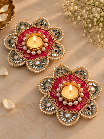 Handcrafted Rani Pink & Gold Floral Tealight Candle Holder Set of 2 (12 cm, Mirror Work)