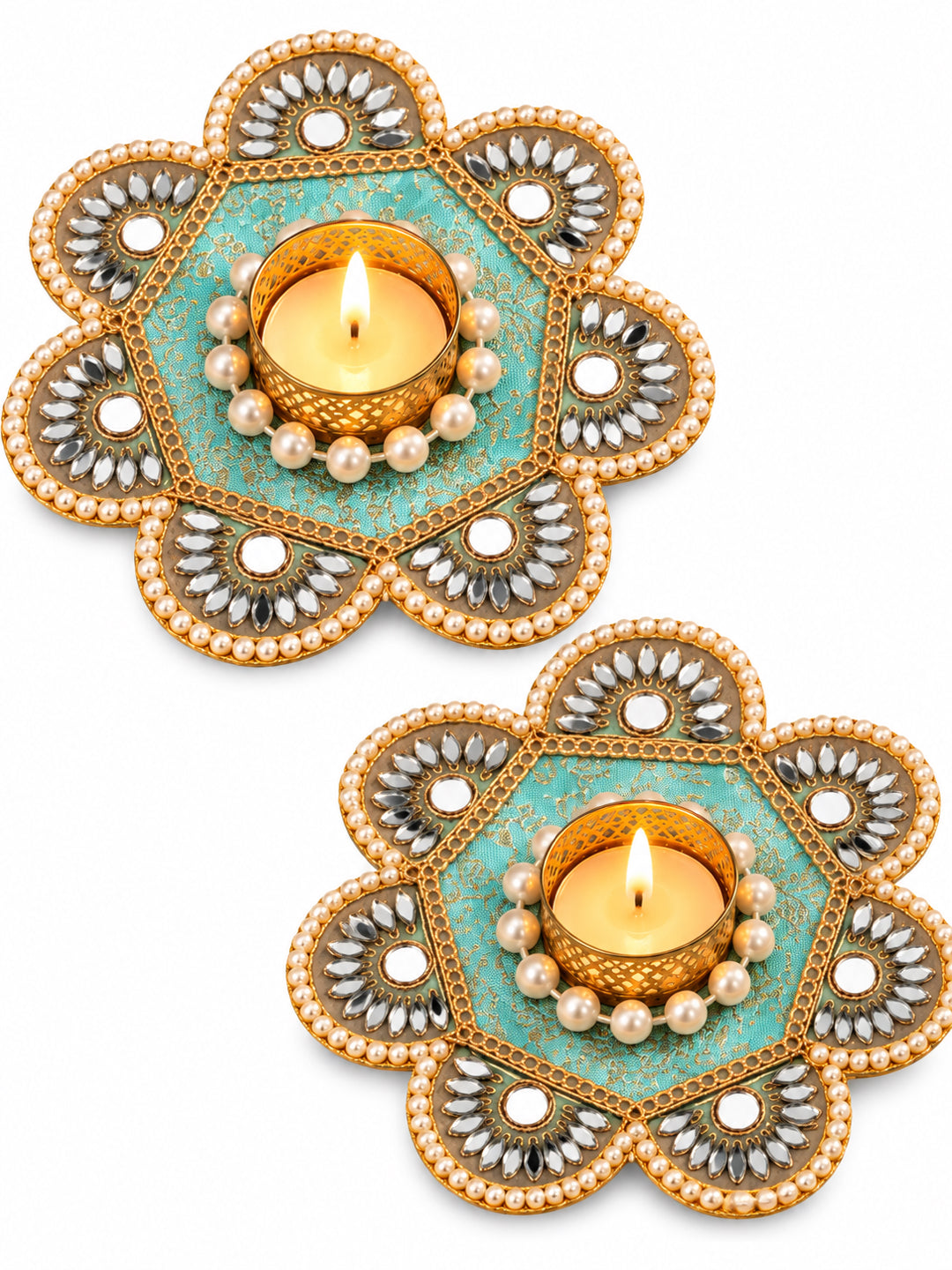 Artisanal Turquoise & Gold Floral Tealight Candle Holders - Set of 2 (12 cm, Mirror Work)
