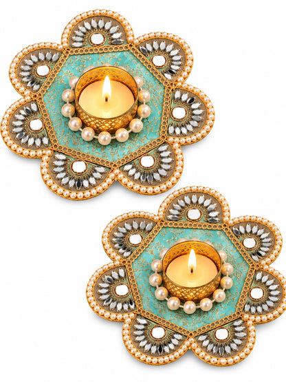 Artisanal Turquoise & Gold Floral Tealight Candle Holders - Set of 2 (12 cm, Mirror Work)