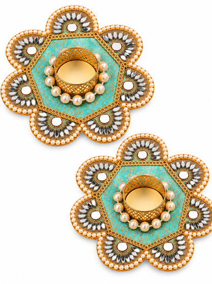 Artisanal Turquoise & Gold Floral Tealight Candle Holders - Set of 2 (12 cm, Mirror Work)