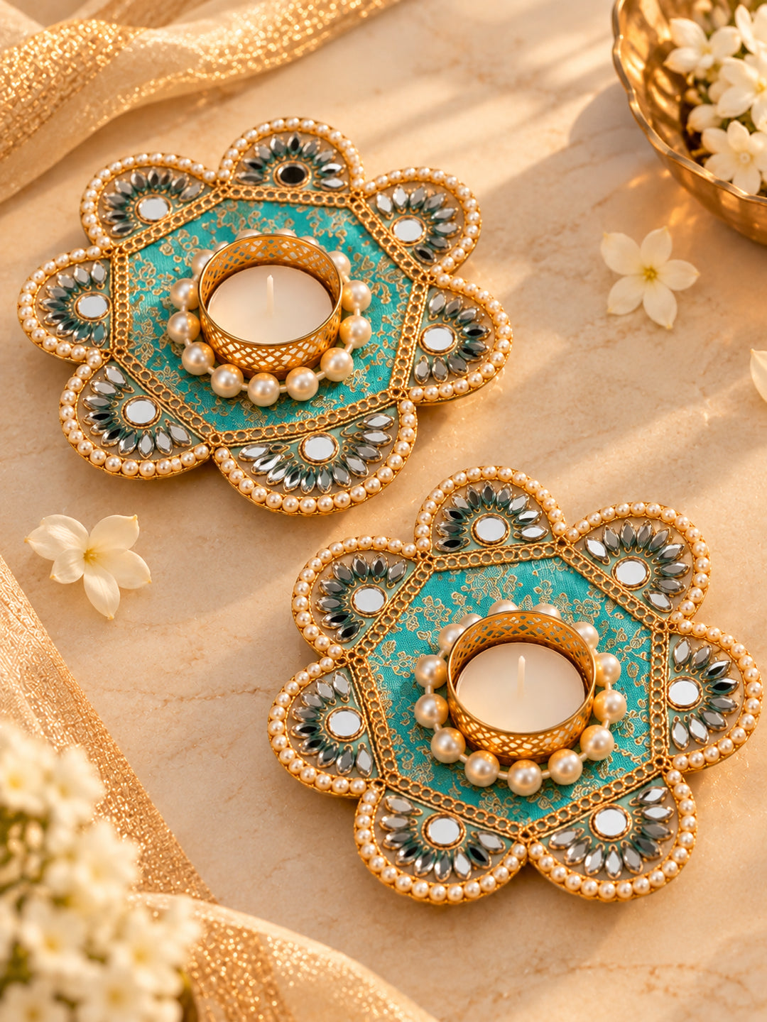 Artisanal Turquoise & Gold Floral Tealight Candle Holders - Set of 2 (12 cm, Mirror Work)