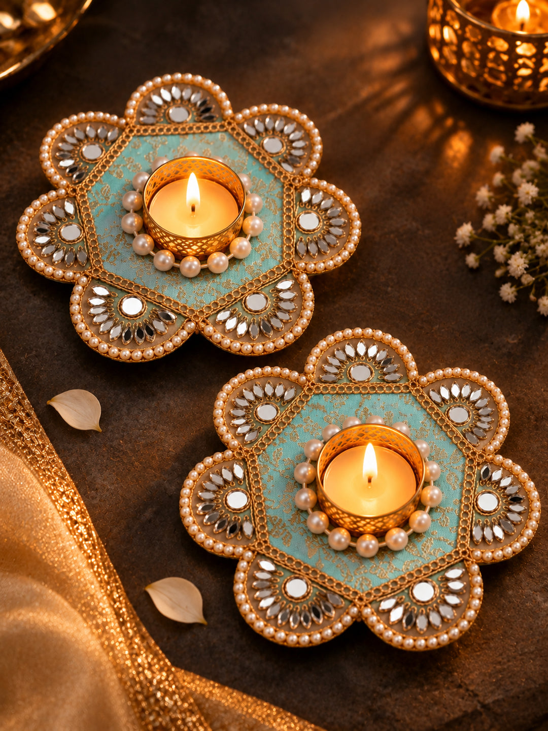 Artisanal Turquoise & Gold Floral Tealight Candle Holders - Set of 2 (12 cm, Mirror Work)