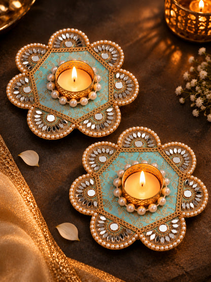 Artisanal Turquoise & Gold Floral Tealight Candle Holders - Set of 2 (12 cm, Mirror Work)