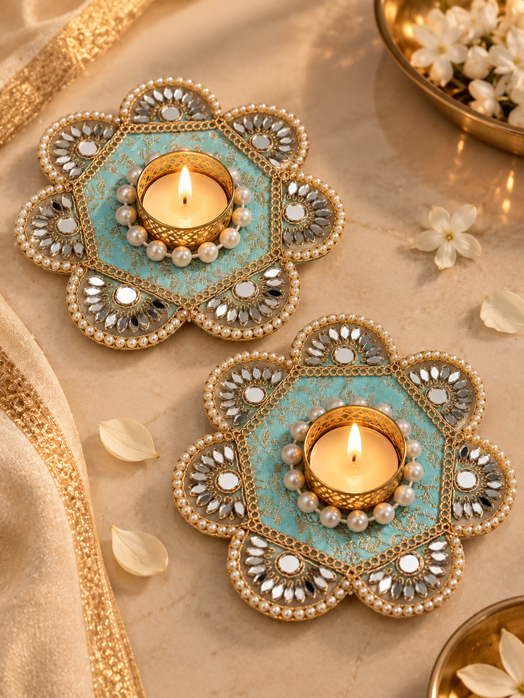 Artisanal Turquoise & Gold Floral Tealight Candle Holders - Set of 2 (12 cm, Mirror Work)