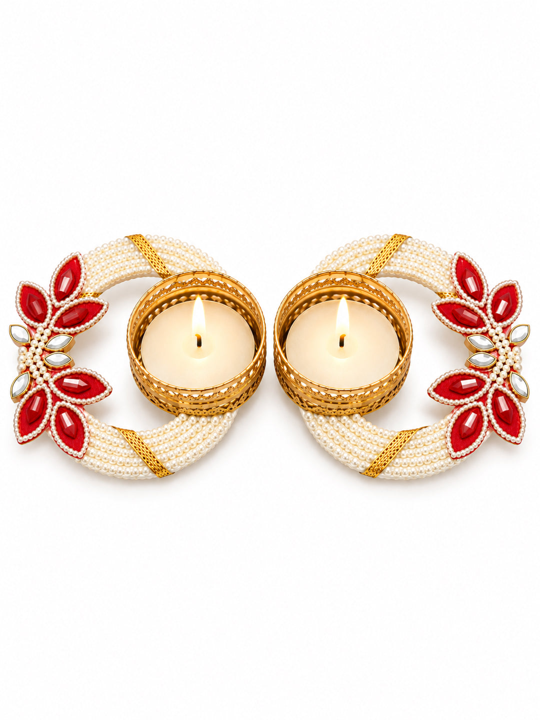 Handmade Pearl Beaded Floral Tealight Candle Diya Holder - Set of 2 (White & Red, 12 cm)