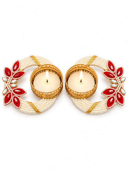 Handmade Pearl Beaded Floral Tealight Candle Diya Holder - Set of 2 (White & Red, 12 cm)