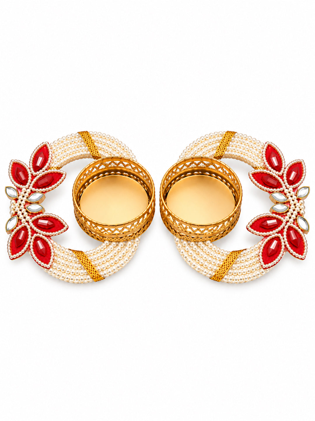 Handmade Pearl Beaded Floral Tealight Candle Diya Holder - Set of 2 (White & Red, 12 cm)
