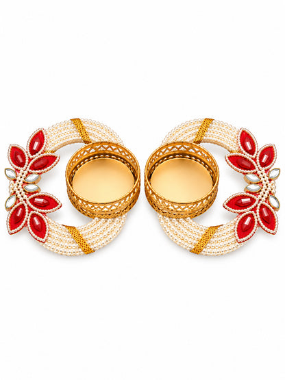 Handmade Pearl Beaded Floral Tealight Candle Diya Holder - Set of 2 (White & Red, 12 cm)