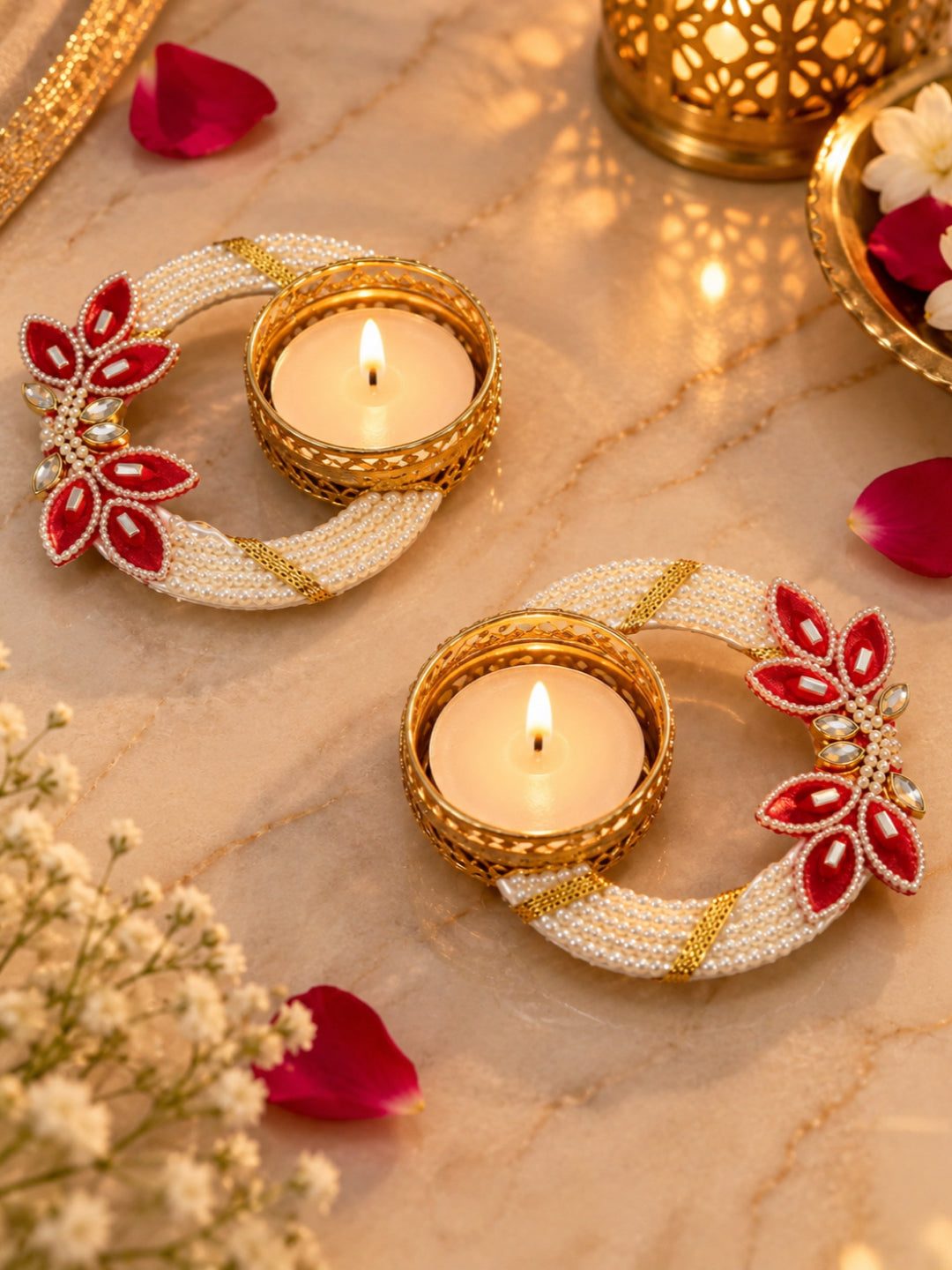 Handmade Pearl Beaded Floral Tealight Candle Diya Holder - Set of 2 (White & Red, 12 cm)