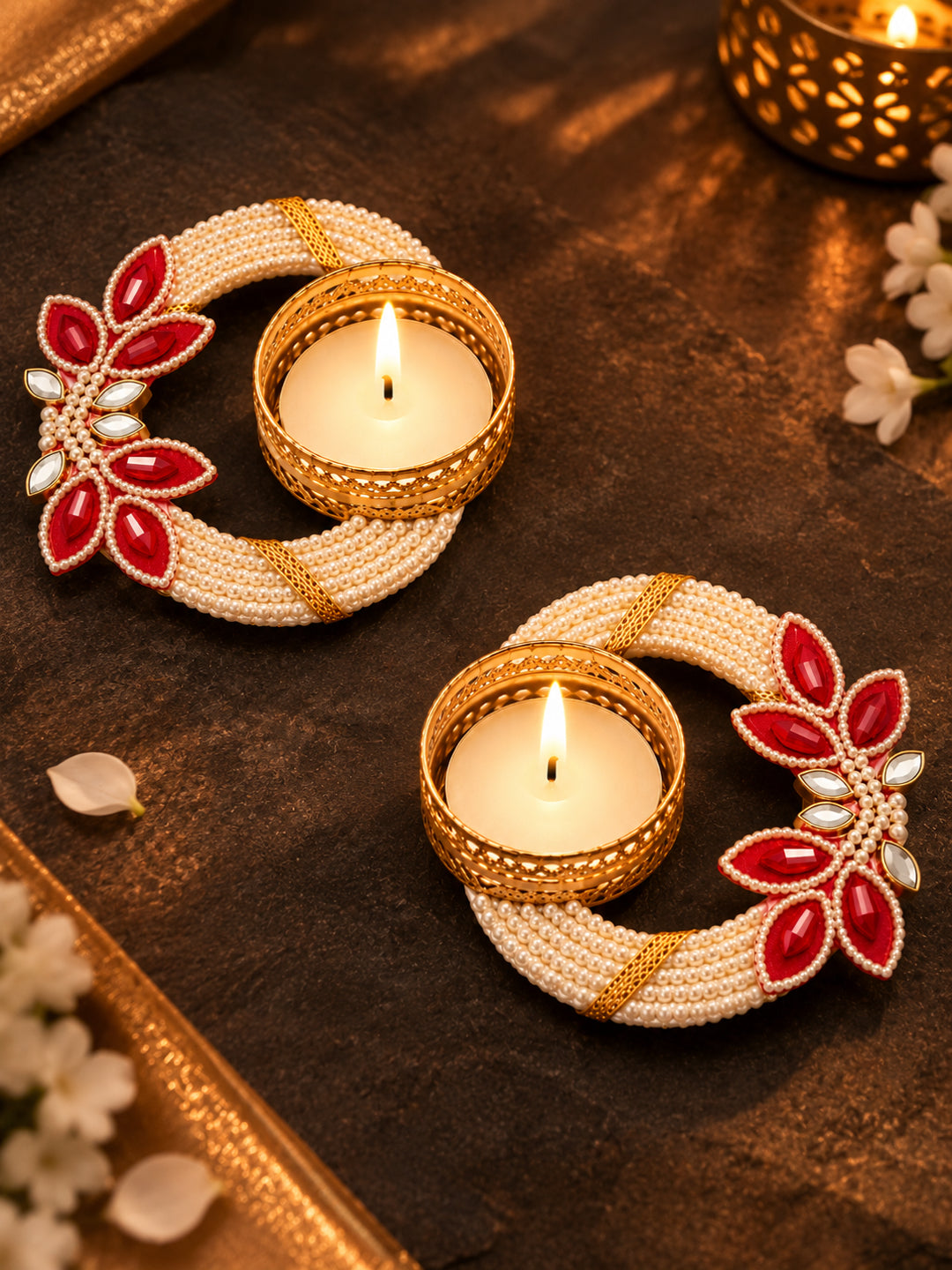 Handmade Pearl Beaded Floral Tealight Candle Diya Holder - Set of 2 (White & Red, 12 cm)