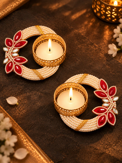 Handmade Pearl Beaded Floral Tealight Candle Diya Holder - Set of 2 (White & Red, 12 cm)