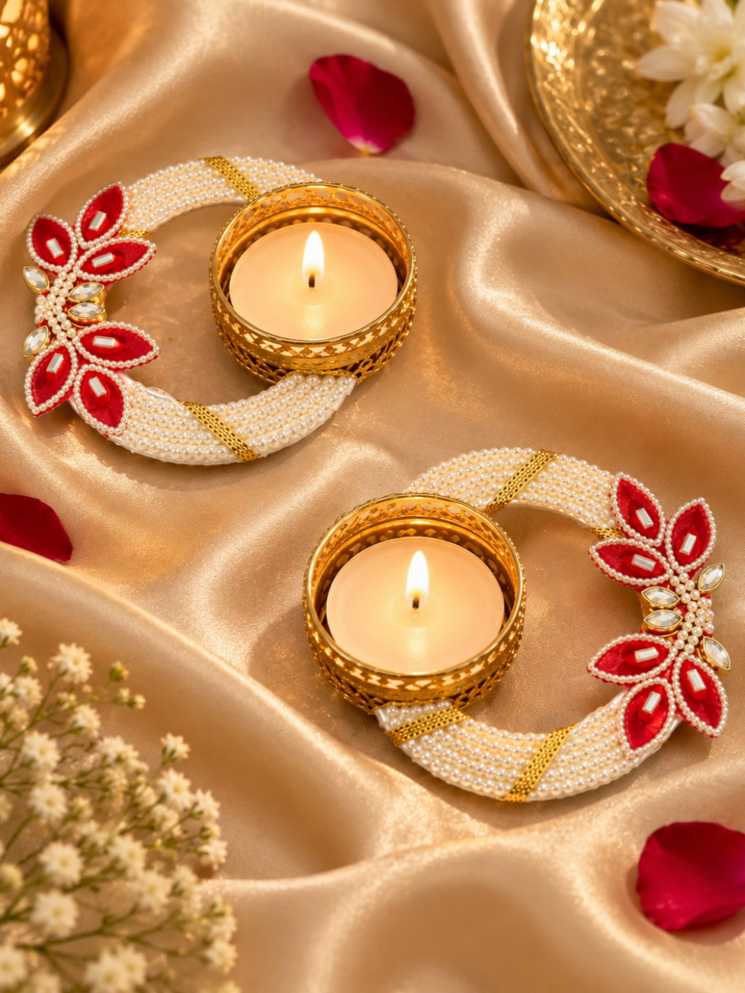Handmade Pearl Beaded Floral Tealight Candle Diya Holder - Set of 2 (White & Red, 12 cm)