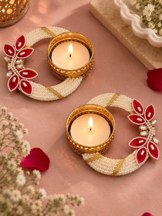 Handmade Pearl Beaded Floral Tealight Candle Diya Holder - Set of 2 (White & Red, 12 cm)