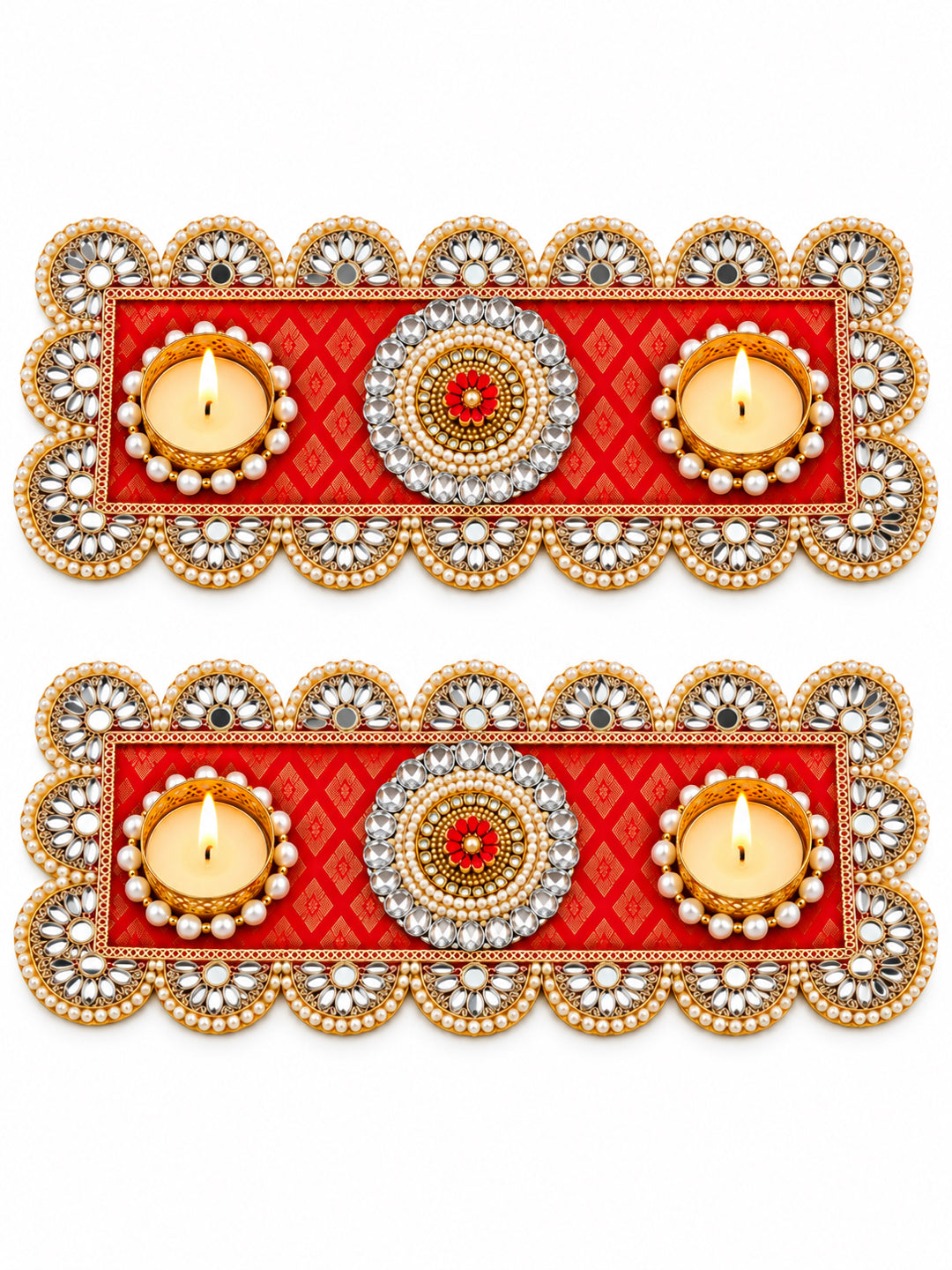 Traditional Red & Gold Floral Tealight Candle Diya Holders - Set of 2 (Festive Decor)