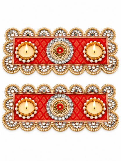 Traditional Red & Gold Floral Tealight Candle Diya Holders - Set of 2 (Festive Decor)