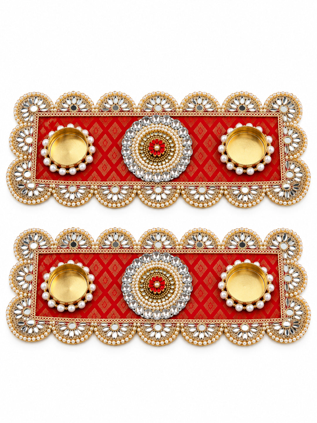 Traditional Red & Gold Floral Tealight Candle Diya Holders - Set of 2 (Festive Decor)