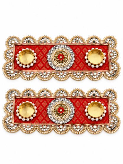 Traditional Red & Gold Floral Tealight Candle Diya Holders - Set of 2 (Festive Decor)