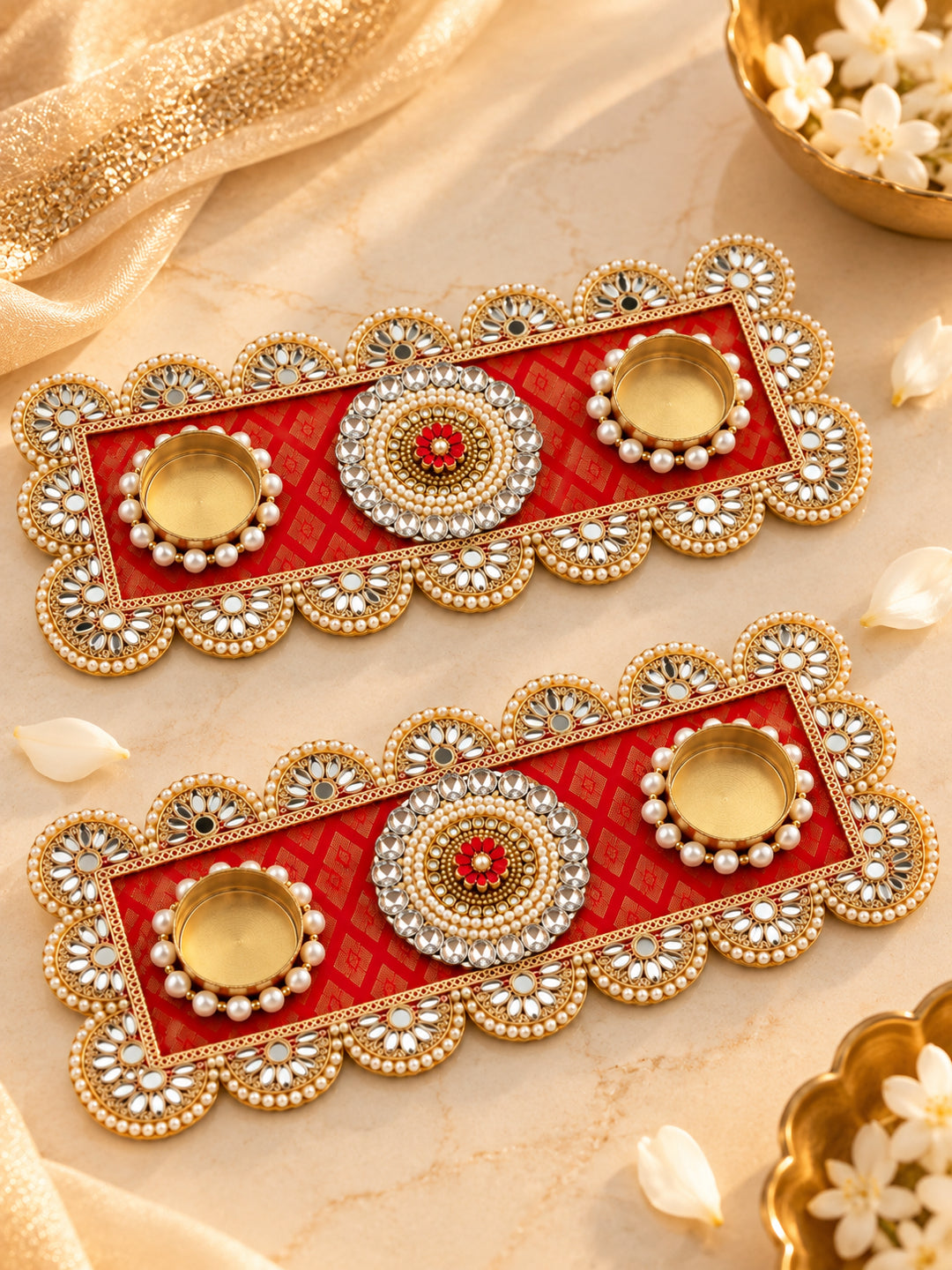 Traditional Red & Gold Floral Tealight Candle Diya Holders - Set of 2 (Festive Decor)