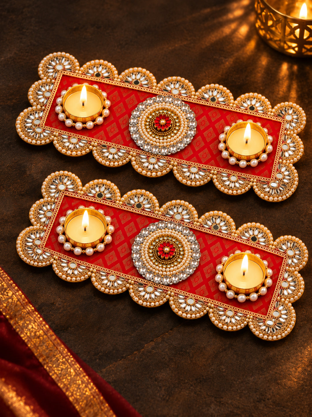 Traditional Red & Gold Floral Tealight Candle Diya Holders - Set of 2 (Festive Decor)