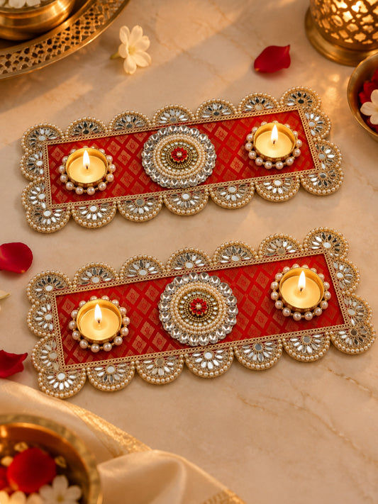 Traditional Red & Gold Floral Tealight Candle Diya Holders - Set of 2 (Festive Decor)