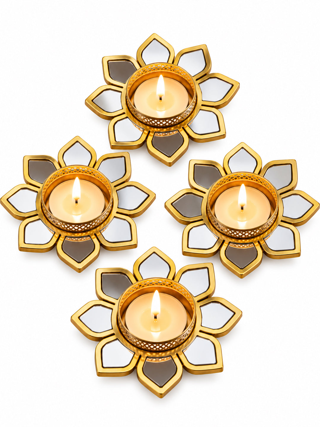 Decorative Gold & Silver Metallic Tealight Candle Diya Holders - Set of 4 (10 cm)