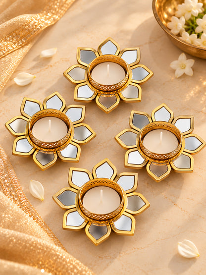 Decorative Gold & Silver Metallic Tealight Candle Diya Holders - Set of 4 (10 cm)